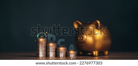 Gold piggy bank and coin with dollar cost average icon and investment graph , How To DCA device the best choice to control investment financial and guarantee worth return, high risk high return.