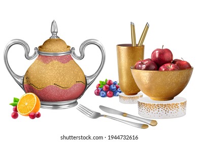 Gold and pink kitchen glass and cup set with fruits apples lemon grapes spoon kitchen set - Shutterstock ID 1944732616
