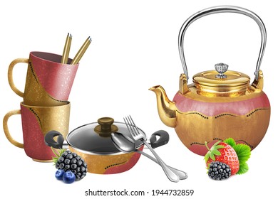 Gold and pink kitchen set with fruits strwbery grapes and spoon kitchen set ceramic tile - Shutterstock ID 1944732859