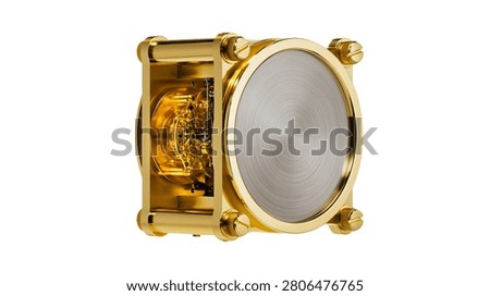 Gold plated mechanical clock movement with circular brushed metal dial