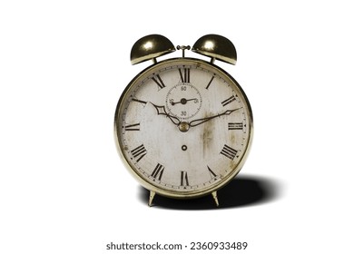 Gold plated retro alarm clock. Old clock realistic 3D render. Roman numeral clock. Isolated white background.