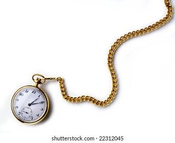 A Gold Pocket Watch With Chain On White