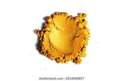 Gold powder isolated on white background. Golden metallic dry paint rotating, close up. Cosmetic, shimmer, art paint. Texture of gold metal powder close up - Shutterstock ID 2316060857
