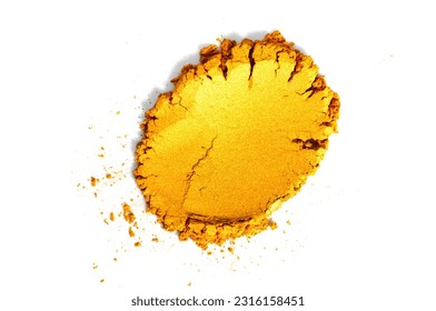 Gold powder isolated on white background. Golden metallic dry paint rotating, close up. Cosmetic, shimmer, art paint. Texture of gold metal powder close up.  - Shutterstock ID 2316158451