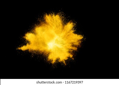 Gold Powder Particles Explosion. Glitter Burst With Golden Texture. Golden Color Dust Splash For Fashion Background, Luxury Wallpaper. Magic Mist Glowing. Powdered Vivid Gold On Black Background.