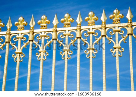 Gold railings with intricate fleur di lis designs shining in the sunlight against a blue sky outside the gates of Versailles, France