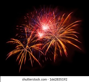 Gold And Red Fireworks Isolated On A Black Background, Element For Design