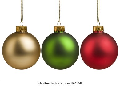 Gold, Red And Green Christmas Baubles Isolated On White Background For Holiday Decoration.