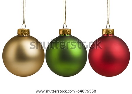 Gold, red and green Christmas baubles isolated on white background for holiday decoration.