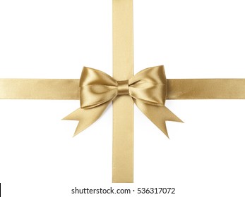 Gold Ribbon With Bow Isolated On White.