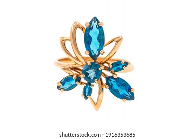 Gold ring with blue stone, isolate, white background