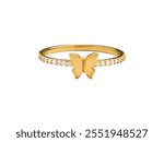 Gold ring with butterfly motif adorned with sparkling stones along the band, combining elegance and whimsy for a stylish accessory perfect for various occasions.