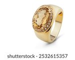 Gold ring with diamonds and citrine. Diamond ring. Gold ring with large citrine and diamonds. Citrine and diamonds. Fashion jewelry.