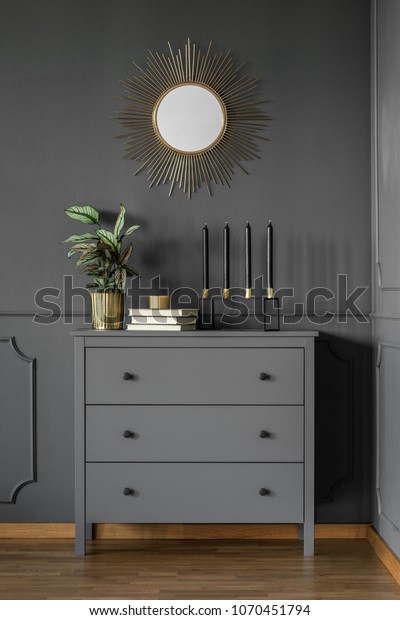 Gold Round Mirror Above Grey Cabinet Stock Photo Edit Now 1070451794