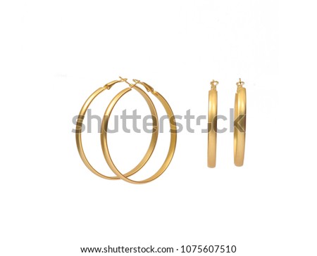 Gold Rounded Ear Rings Isolated on White 