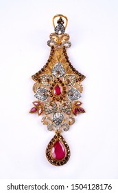 Gold & Ruby Stone Wedding Traditional Earring Jewelry Isolated