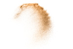 Gold Sand Explosion Isolated On White Background. Abstract Sand Cloud Splash. Sandy Fly Wave In The Air.