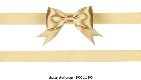 Gold Satin Ribbon Fabric Bow Isolated On White Background.