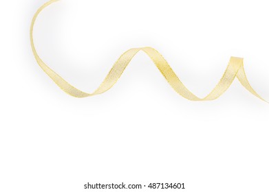 Gold Satin Ribbon Isolated On White Background. Top View. Flat Lay.