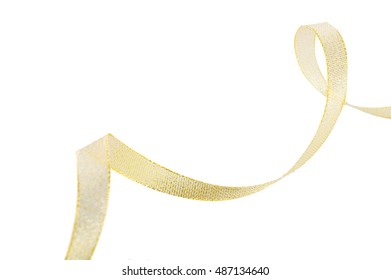 Gold Satin Ribbon Isolated On White Background. Top View. Flat Lay.