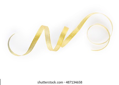 Gold Satin Ribbon Isolated On White Background. Top View. Flat Lay.