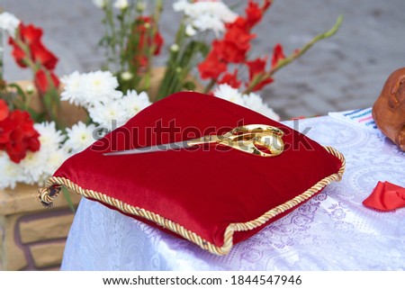 Gold scissors on the red pillow for the opening ceremony in the hands of woman. Golden scissors for the ceremonial ribbon-cutting at the opening ceremony.