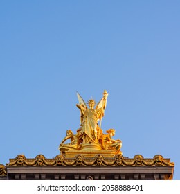 Gold Sculpture On Top Of Paris Opera, Taken On A Spring Morning With Perfect Blue Sky And No People