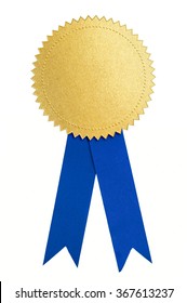 Gold Seal Or Medal And Blue Ribbon Isolated