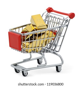 Gold Shopping. Gold Bar In Shopping Cart. Isolated On White With Clipping Path.