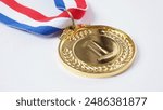 Gold silver and bronze demonstration trophy medals with ribbon for school university or national or olympic sport even organization competition. Isolated on white background. Award and victory concept