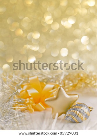 Similar – Image, Stock Photo Golden Christmas ornaments on snow background