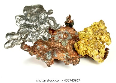 gold, silver and copper nuggets isolated on white background