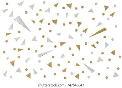 Gold And Silver Glitter Confetti Paper Cut On White Background