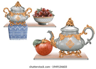 Gold and silver kitchen set with apples and cherry with white background designs for luxurious kitchen set - Shutterstock ID 1949134603
