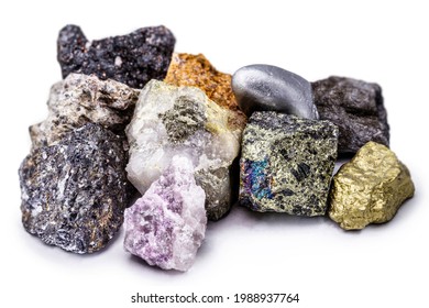 gold, silver, rough diamonds, bauxite, pyrolusite, galena, pyrite, chromite, lepidolite, chalcopyrite. Collection of stones extracted in Brazil, mineralogy, Brazilian mineral wealth - Shutterstock ID 1988937764