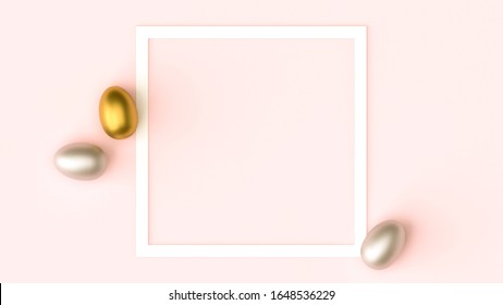 Gold, silver shiny Easter eggs on pink pastel background, white frame with space for text, flat lay image composition, top view. Easter decoration, foil minimalist egg design, modern design template. - Shutterstock ID 1648536229