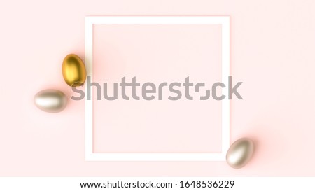 Gold, silver shiny Easter eggs on pink pastel background, white frame with space for text, flat lay image composition, top view. Easter decoration, foil minimalist egg design, modern design template.