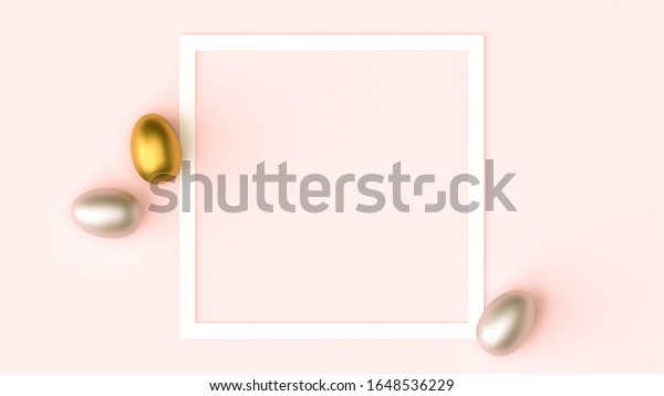 ピンクのパステル背景に金色 銀色の光沢のあるイースター卵 テキスト用のスペースを持つ白いフレーム 平らなレイイイメージのコンポジション トップビュー イースターデコレーション フォイルミニマリズムの卵デザイン モダンデザインテンプレート の写真素材