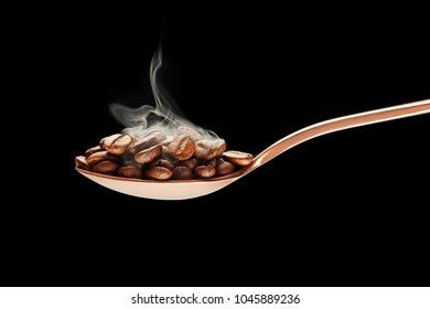 Gold Spoon With Coffee Beans And Smoke In Black Background