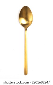 Gold Spoon Isolated On White Background. Top View 