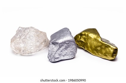 Gold Stone And Silver Ore And Rough Diamond, Isolated On White Background, Concept Of Precious Metals Mining And Mineral Extraction.