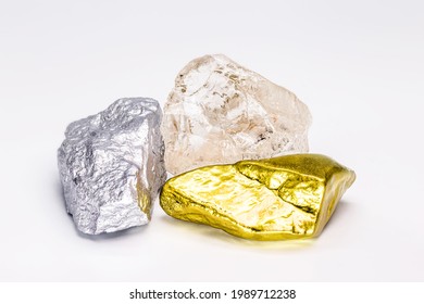 Gold Stone And Silver Ore And Rough Diamond, Isolated On White Background, Concept Of Precious Metals Mining And Mineral Extraction.