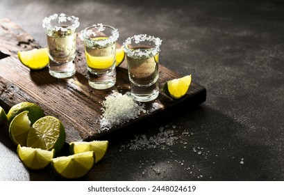 Gold tequila with sea salt and lime slices on a old cutting board.