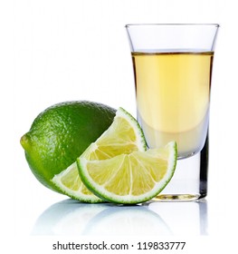 Gold Tequila Shot With Lime Isolated On White Background