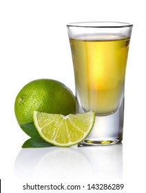 Gold Tequila Shot With Lime Isolated On White Background