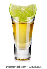 Gold Tequila Shot With Lime Isolated On White Background 