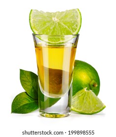 Gold Tequila Shot With Lime Isolated On White Background 