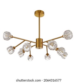 Gold tone chandelier on a white background. Chandelier for apartment decor