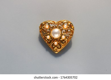 Gold Tone Heart Brooch With Faux Pearls