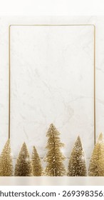 Gold trees, gold frame, and marble background create a festive scene. Gold accents and marble texture enhance the elegant holiday decor. Winter background with copy space. Winter mobile wallpaper.